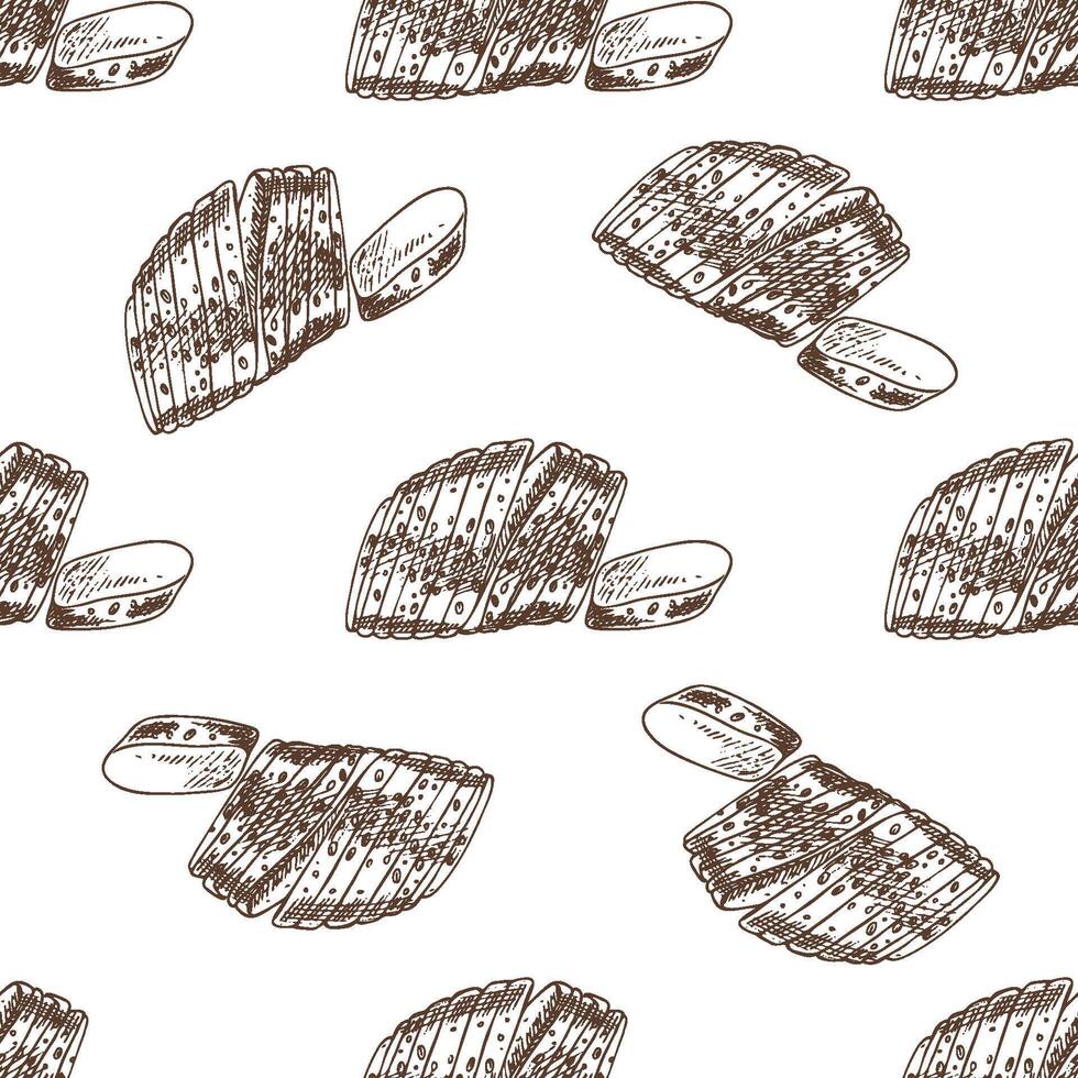 Hand drawn vintage seamless pattern of sliced bread loaf in engraving sketch style in brown monochrome ink vector