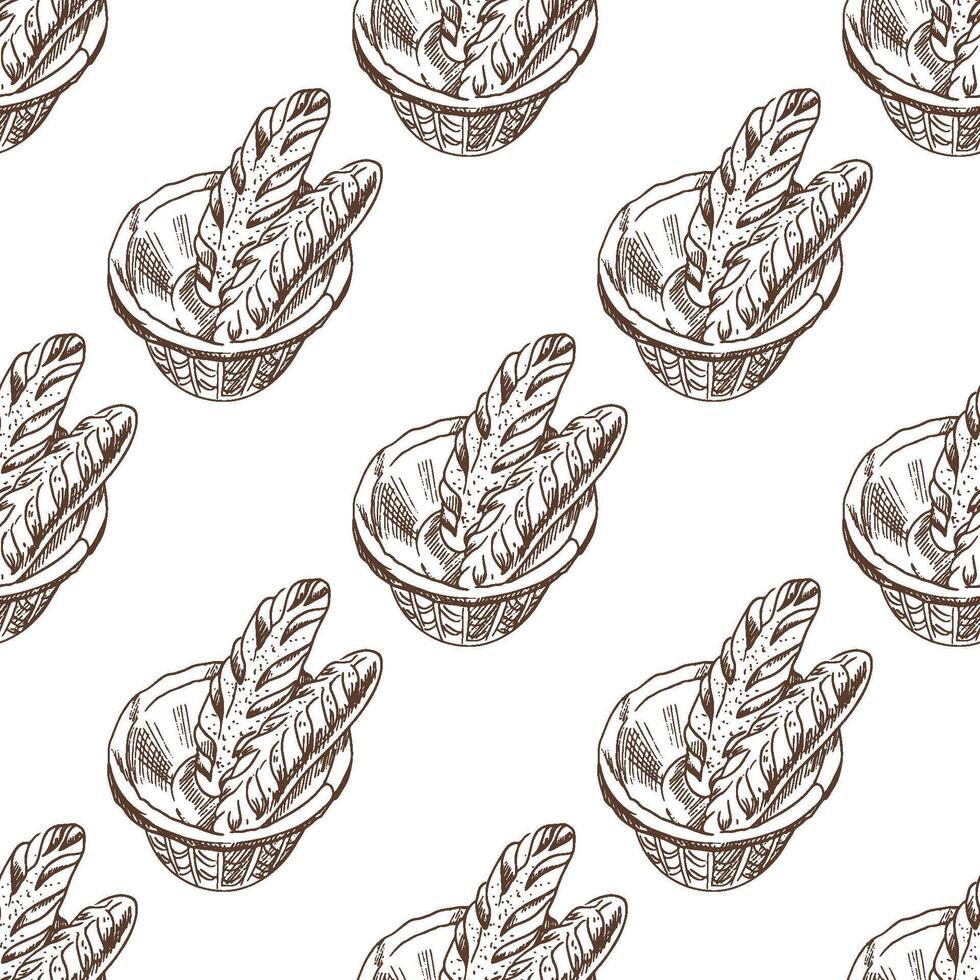 Hand drawn vintage seamless pattern of bread basket with baguettes in engraving sketch style in brown ink vector