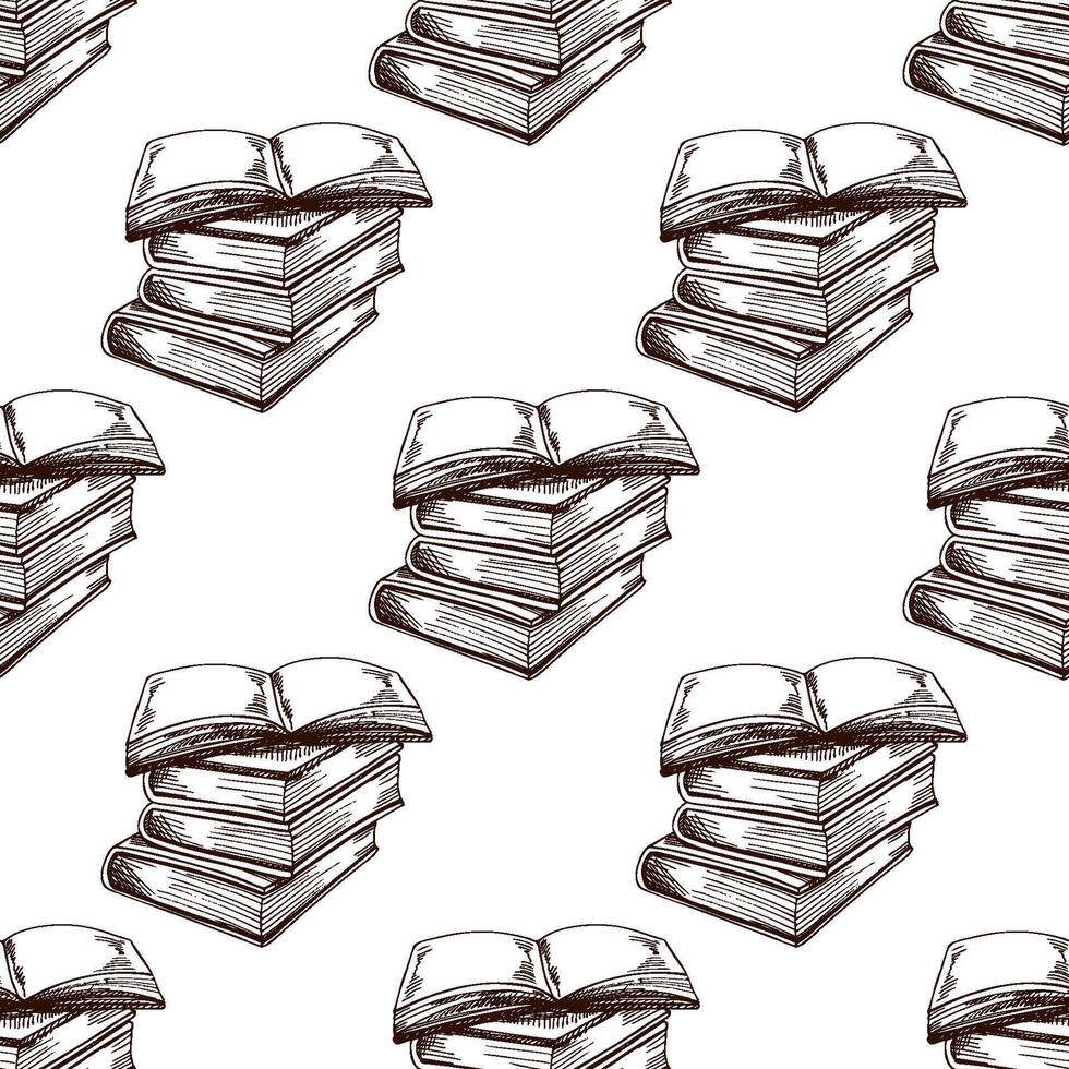 Hand drawn vintage seamless pattern with stack of books and open pages in engraving sketch line style vector