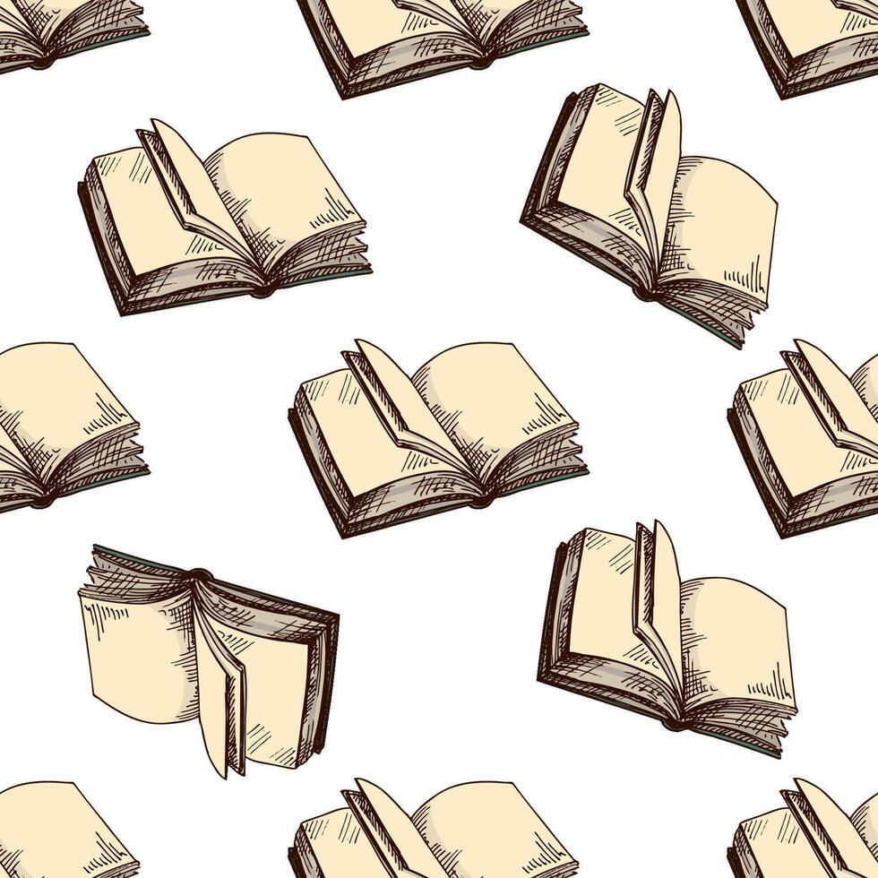 Hand-drawn vintage seamless pattern of open books with blank pages in engraving style with beige paper tones vector