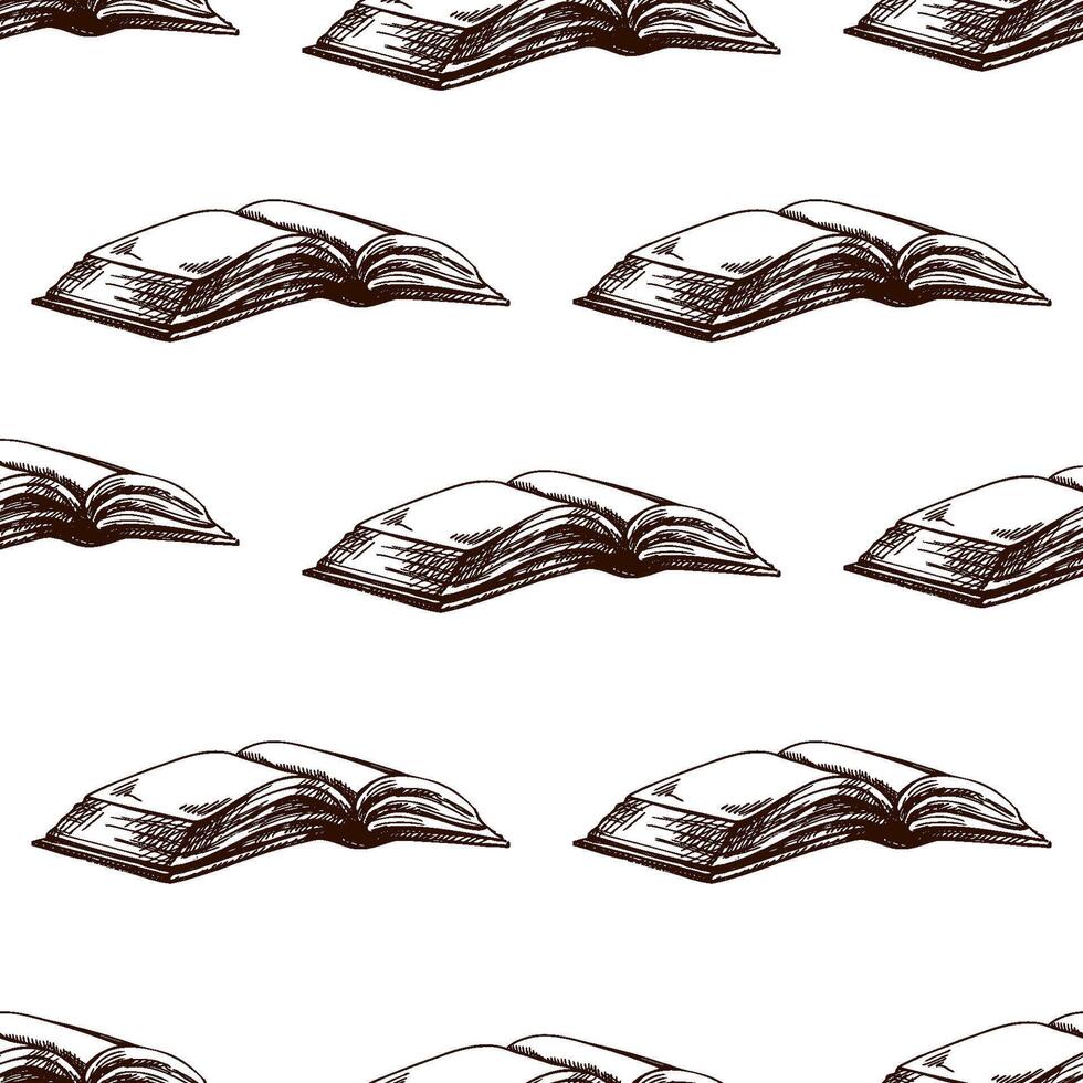Hand-drawn vintage seamless pattern of open sketchbook and blank pages in brown ink, classic engraving style vector