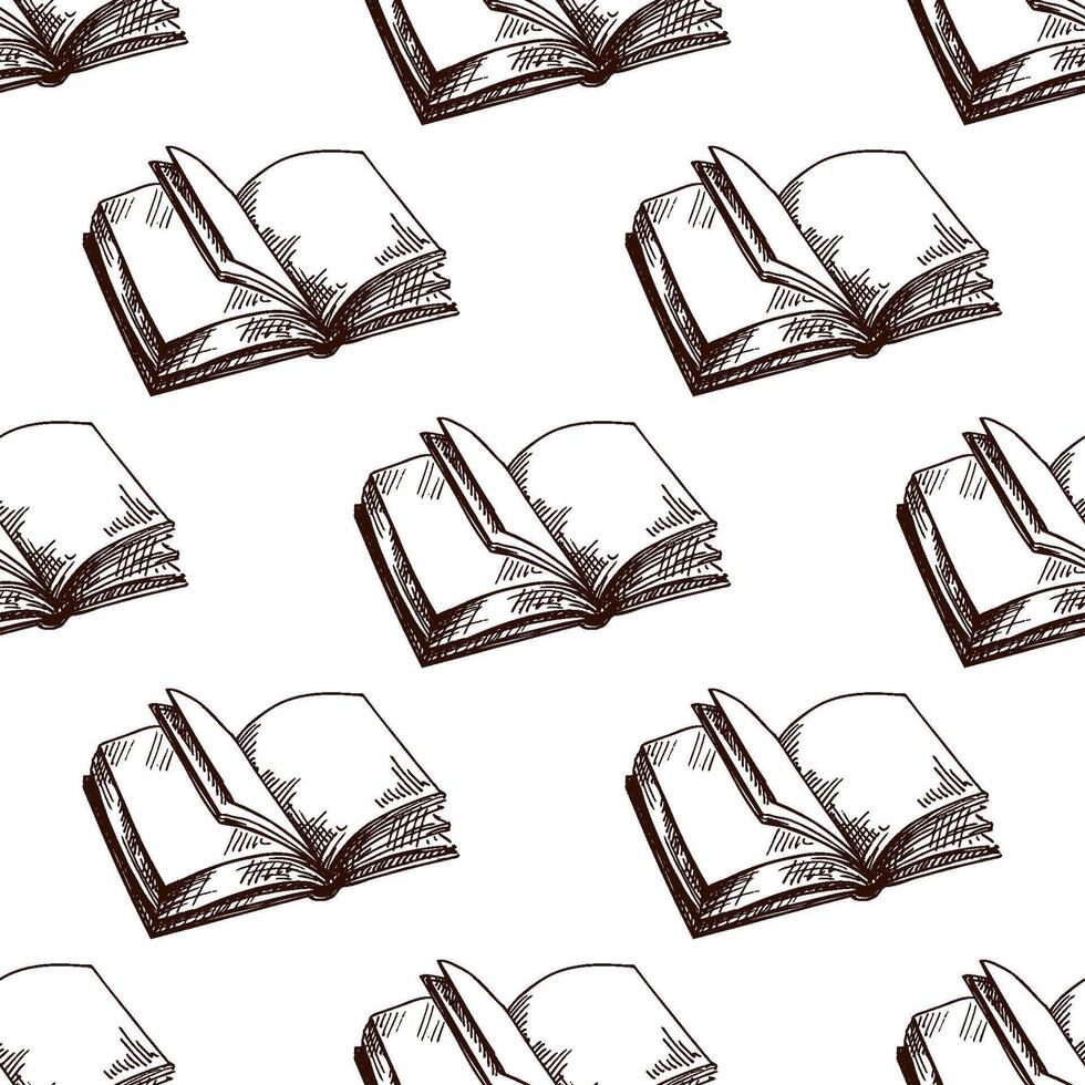 Hand drawn open books with blank pages seamless pattern, vintage brown engraving style on white background vector