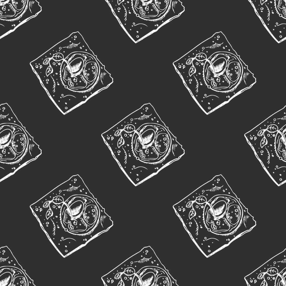 Hand drawn vintage seamless pattern of square cookies with jam filling in engraving sketch style on chalkboard background vector