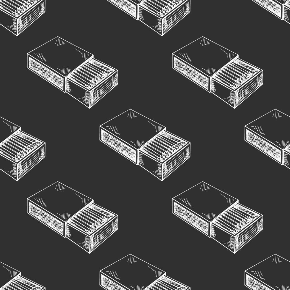 Hand drawn vintage sketch of matchbox seamless pattern in white color on chalkboard background vector