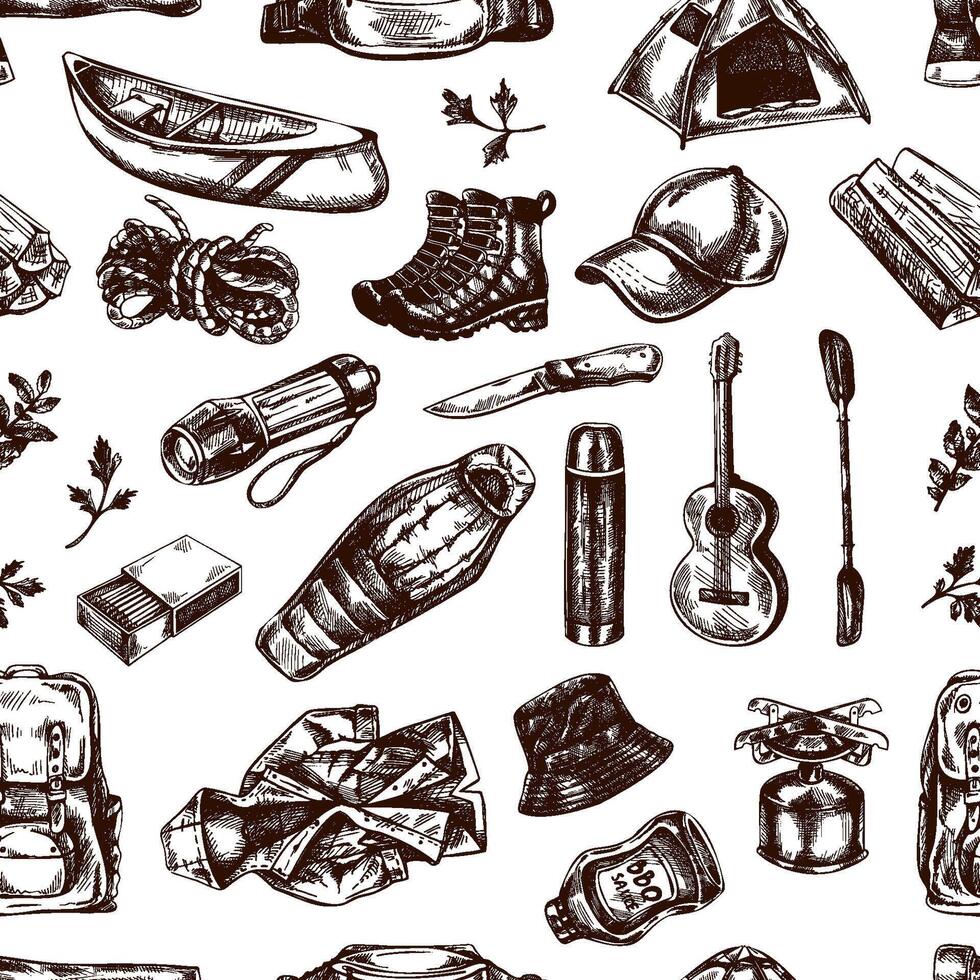 Hand drawn vintage sketch of camping and hiking gear pattern in brown on white background, seamless illustration vector