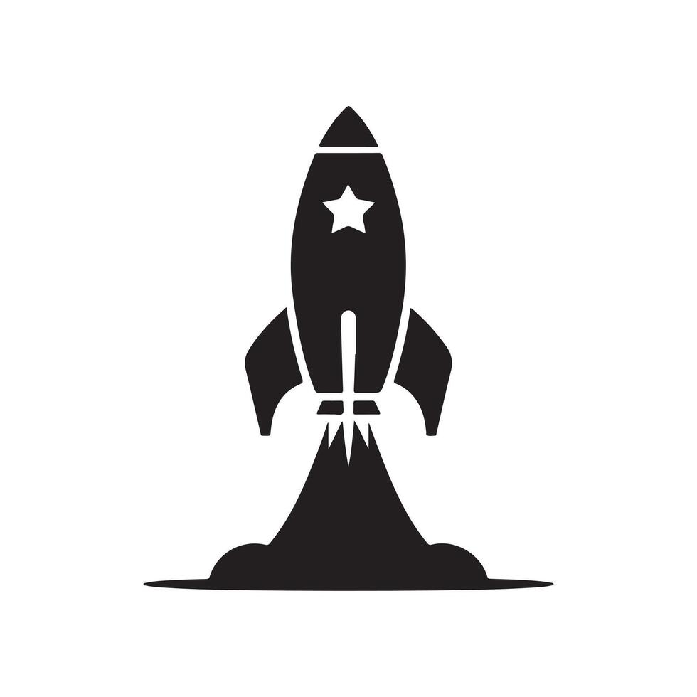 A sleek rocket silhouette, ascending with grace and determination, set against a crisp white background vector
