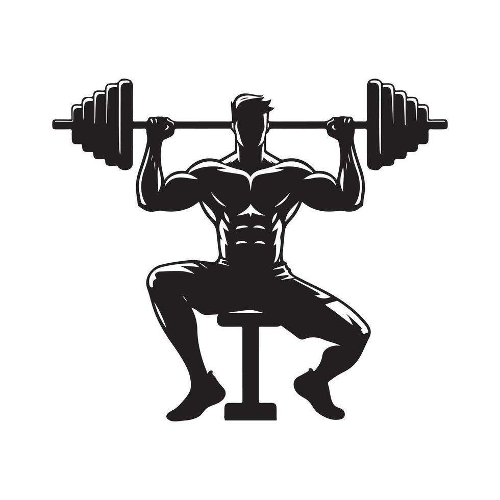 gym man silhouette showcasing a muscular pose, sharply defined against a clean white background strength in simplicity vector
