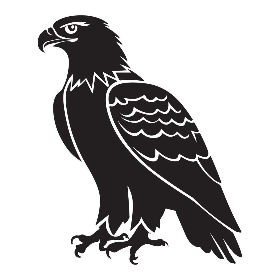 A black eagle silhouette soaring against a white background, capturing the bird powerful wingspan and sharp gaze in a clean, dynamic design that symbolizes freedom and strength vector