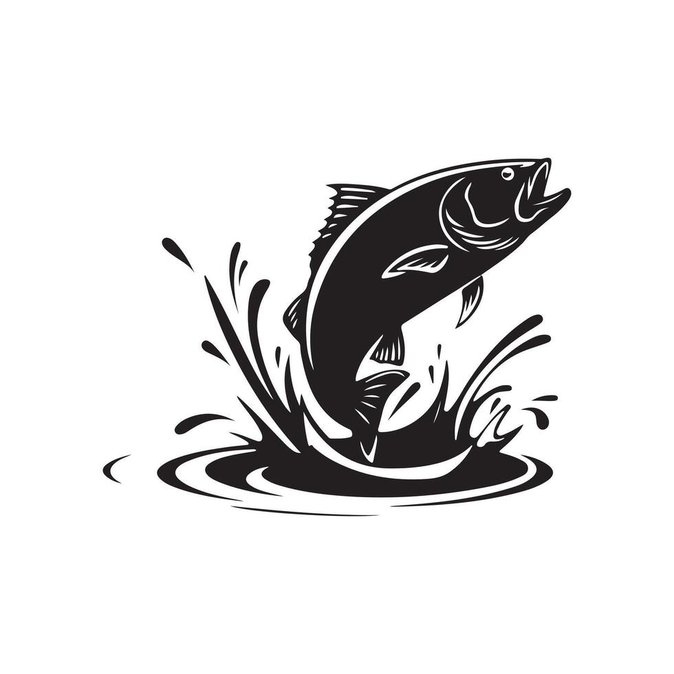 A jumping fish silhouette, capturing its arched leap and sleek form, gainst a white background, symbolizing vitality and aquatic grace. vector