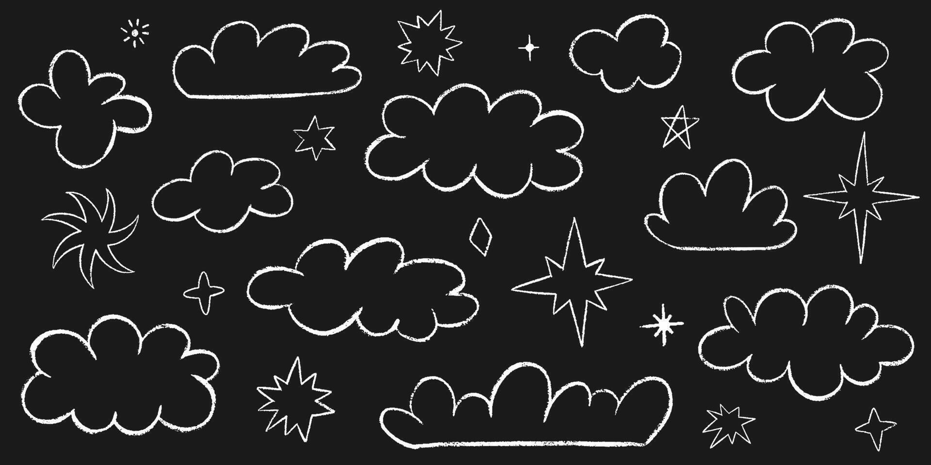 Crayon drawn kids clouds and cute stars set. Hand drawn various cloud shapes. Childish doodle naive icons pastel texture. Naive style childish elements isolated on black background. vector