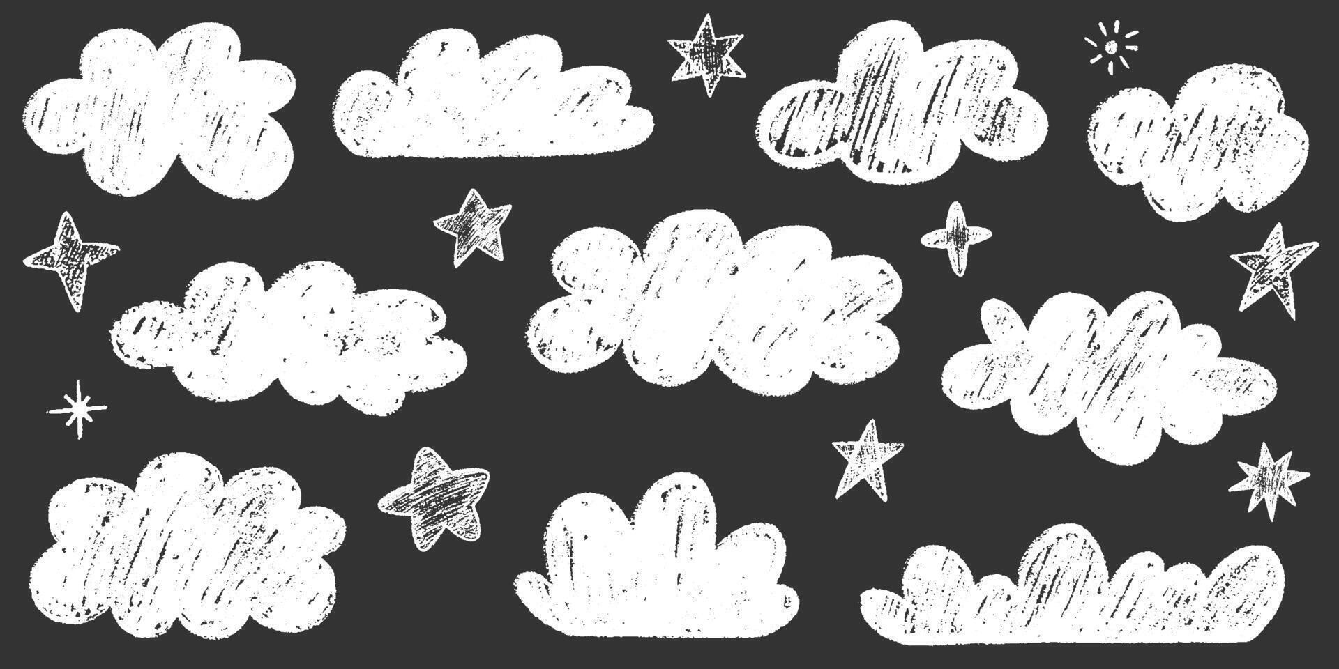 Crayon drawn kids clouds and cute stars set. Hand drawn various cloud shapes. Childish doodle naive icons pastel texture. Naive style childish elements isolated on black background vector