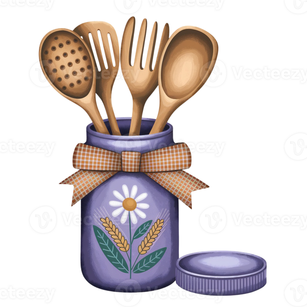 A set of wooden kitchen utensils is neatly arranged in a purple jar adorned with a floral design and a checkered bow. cutouts png