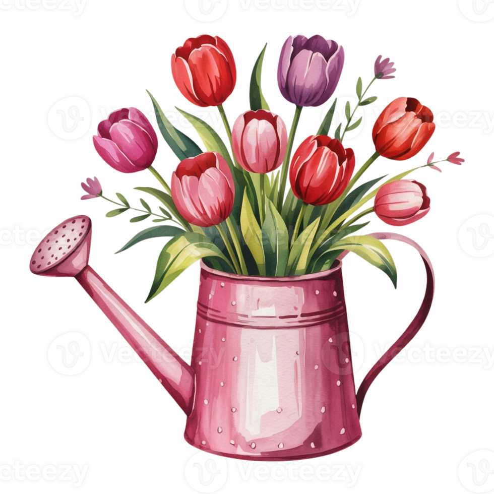 A pink watering can is filled with a vibrant bouquet of tulips in shades of red, pink, and purple. The flowers and greenery create a lively and charming arrangement. cutouts png