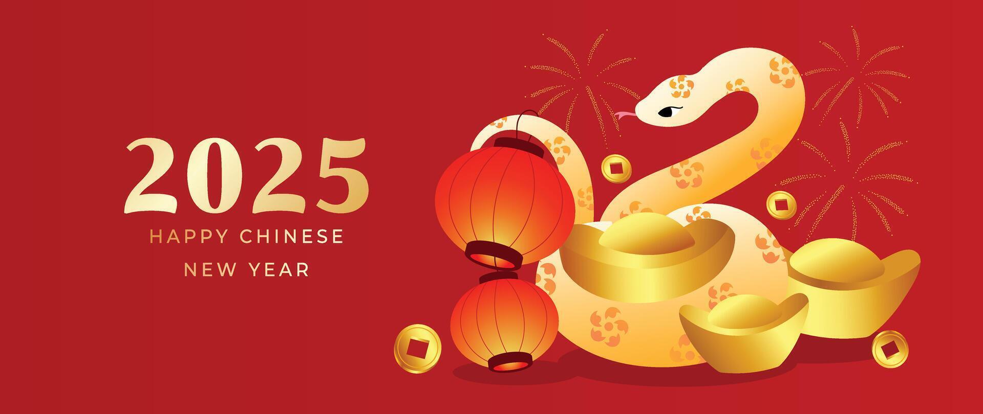 Happy Chinese new year 2025 background . Year of the snake design wallpaper with lantern, snake, gold ingot, firework. Modern luxury oriental illustration for cover, banner, website, envelope. vector