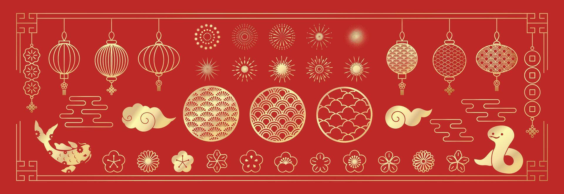 Happy Chinese New year element. Collectionn of Japanese flower design , firework, zodiac, year of the snake, lantern, cloud vector
