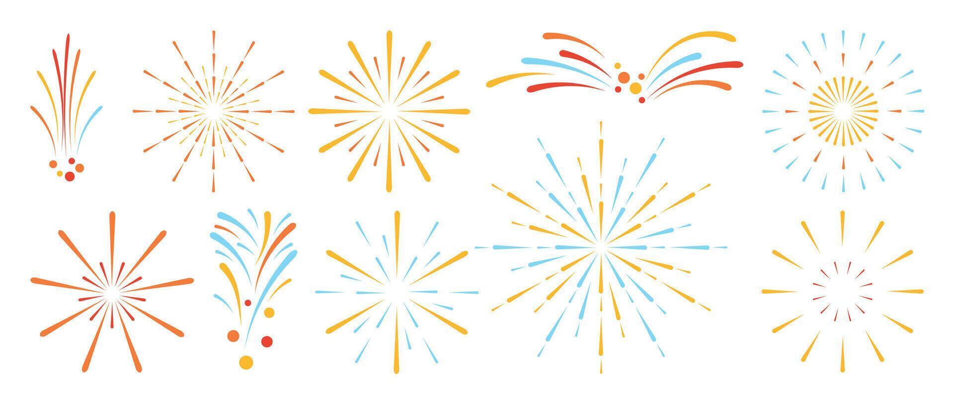 Set of Happy New year firework illustration. Collection of golden, light red, blue orange fireworks on white background. Suitable for decoration, print, poster, banner, wallpaper, card, cover. vector