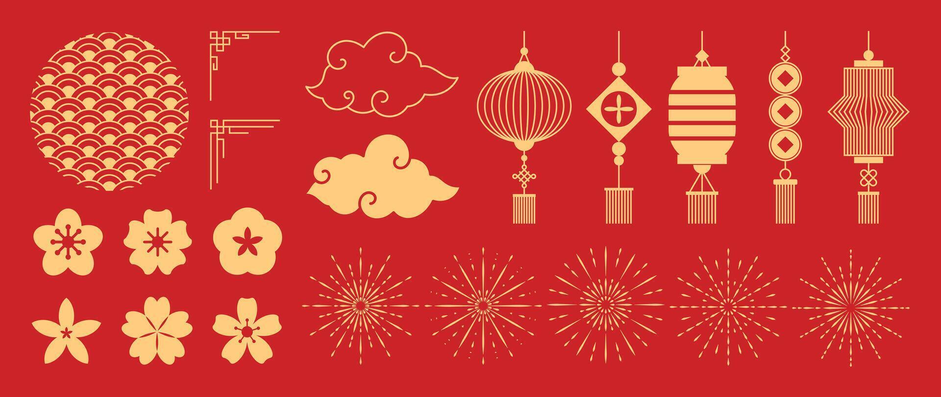 Happy Chinese new year element design on red background, Collection of flower, pattern Chinese corner, lantern, cloud ,firework. vector