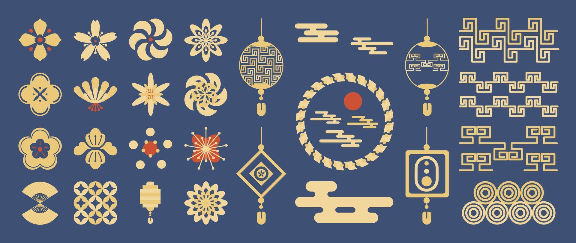 Japanese element design of flower, lantern, cloud, pattern on blue background. vector