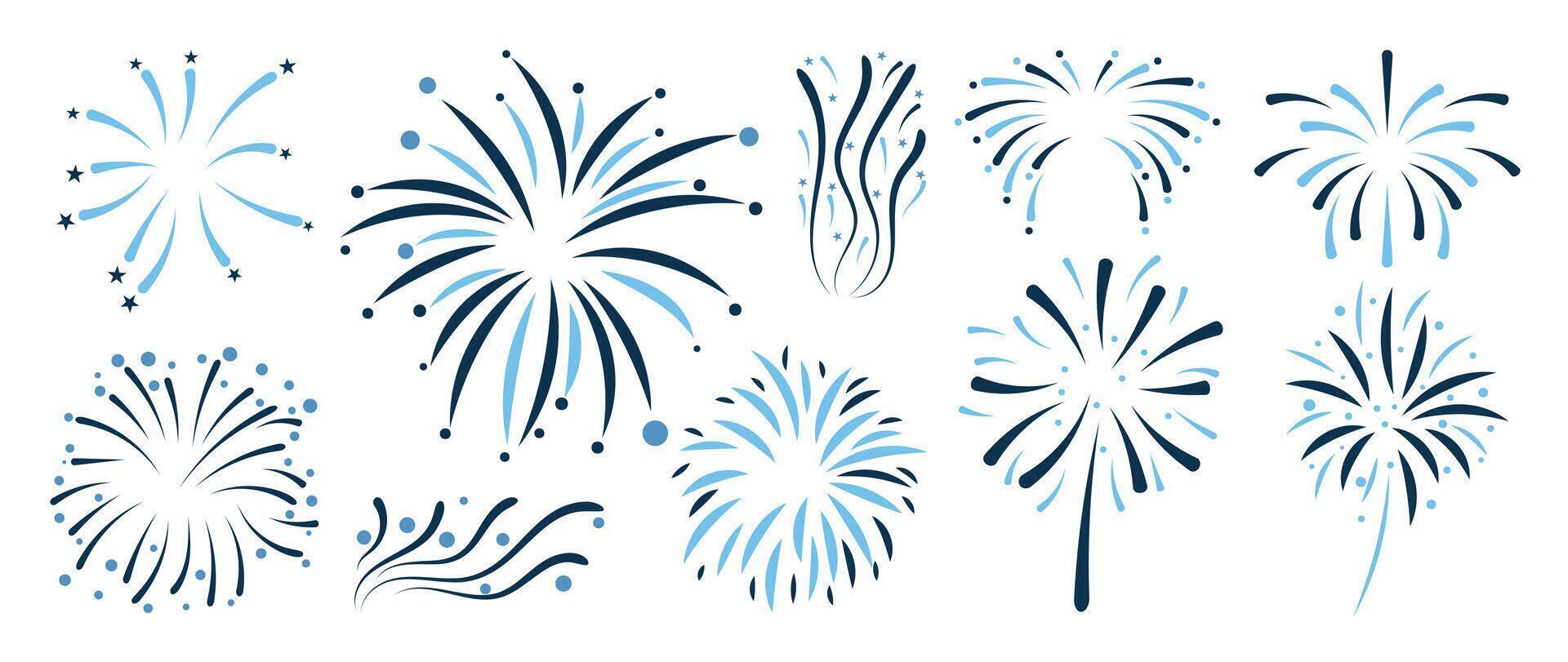 Set of Happy New year firework illustration. Collection of light blue and dark blue fireworks on white background. Suitable for decoration, print, poster, banner, wallpaper, card, cover. vector