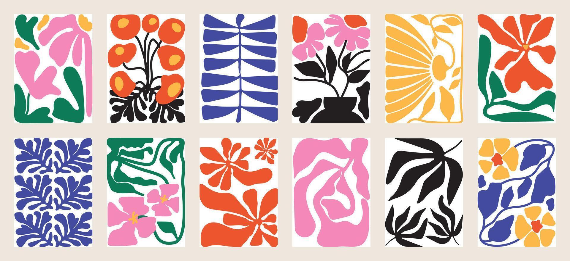 Hand drawn colorful botanical flower and leaf wall art set vector