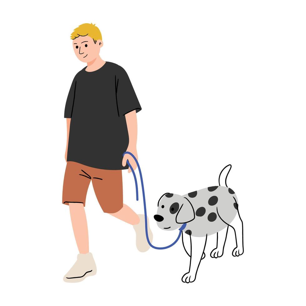 Man leashing dog design on white background illustration for cliparts, sticker, print, pet shop. vector