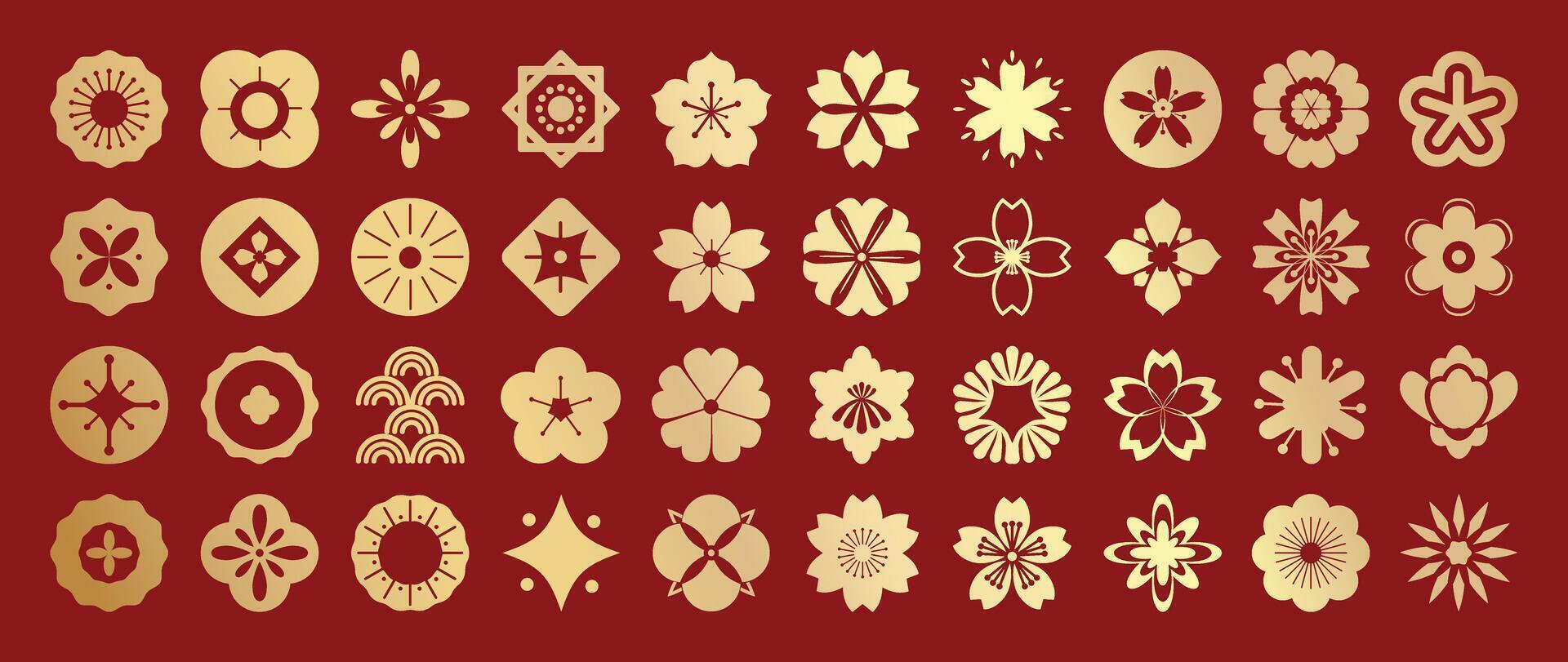 Japanese Flower design collection on red background. vector