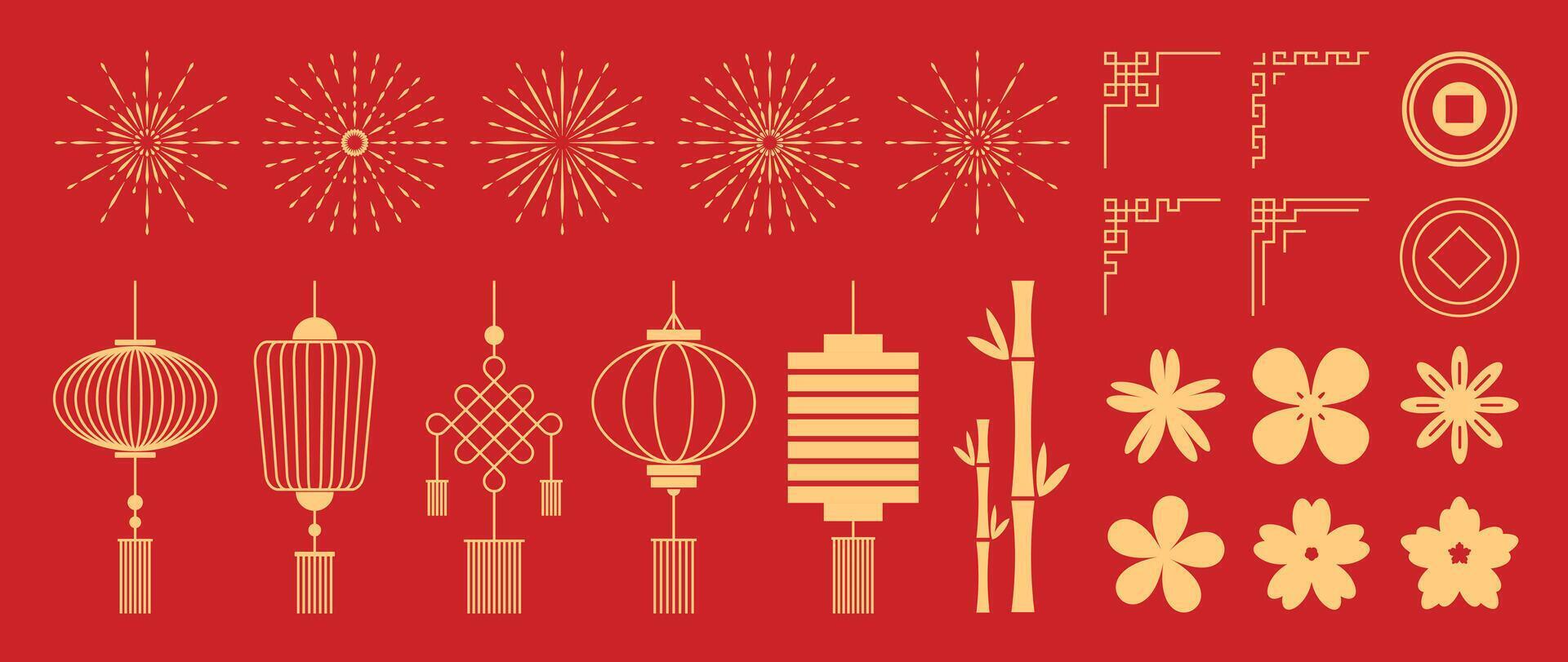 Happy Chinese new year collection with bamboo, lantern, Conner, gold coin, flower. vector