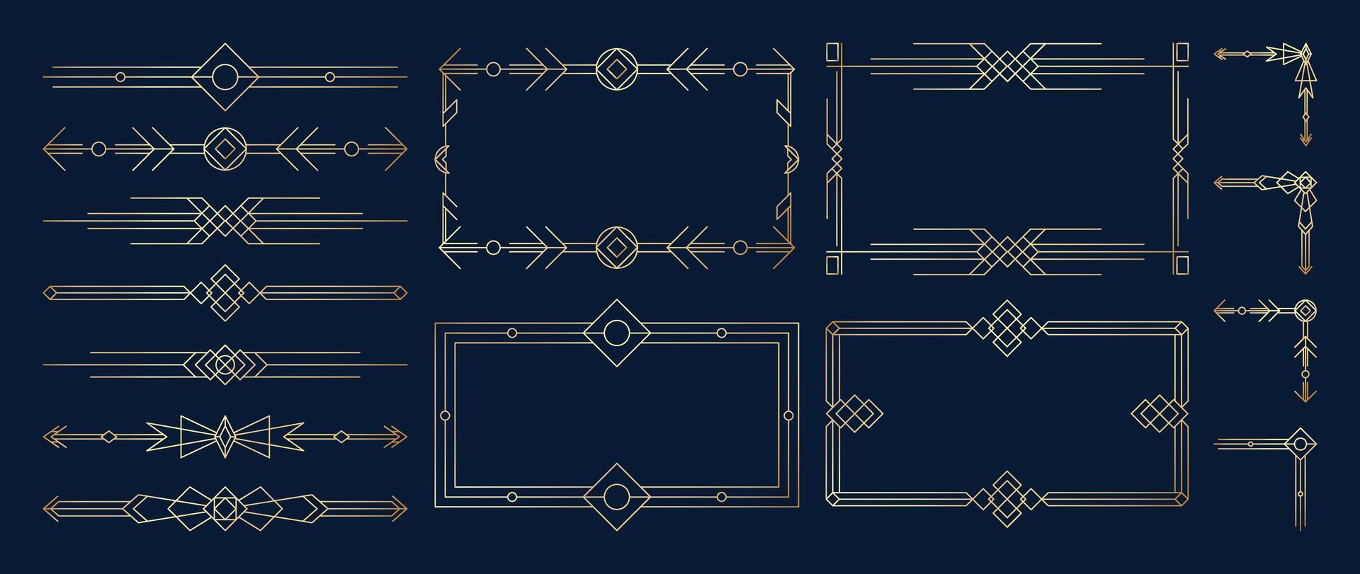 Geometric art deco ornament. Golden decorative element with different line, frame, headers, dividers, borders, gatsby. Set of elegant design suitable for card, invitation, poster. vector