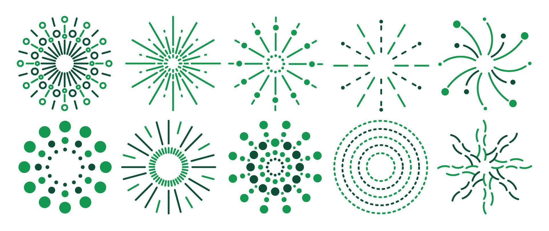 Set of Happy New year firework illustration. Collection of light green and dark green fireworks on white background. Suitable for decoration, print, poster, banner, wallpaper, card, cover. vector