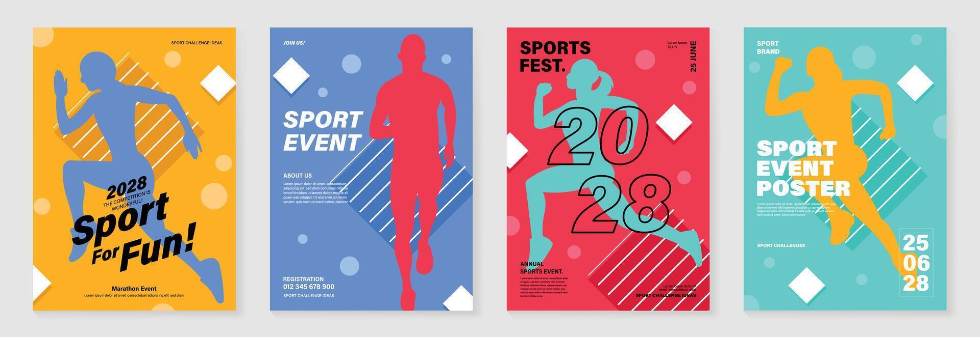 Sprort poster design background set. Running sport cover template with vibrant abstract gradient geometric shape and people running. Ideal design for social media, flyer, promotion, card. vector