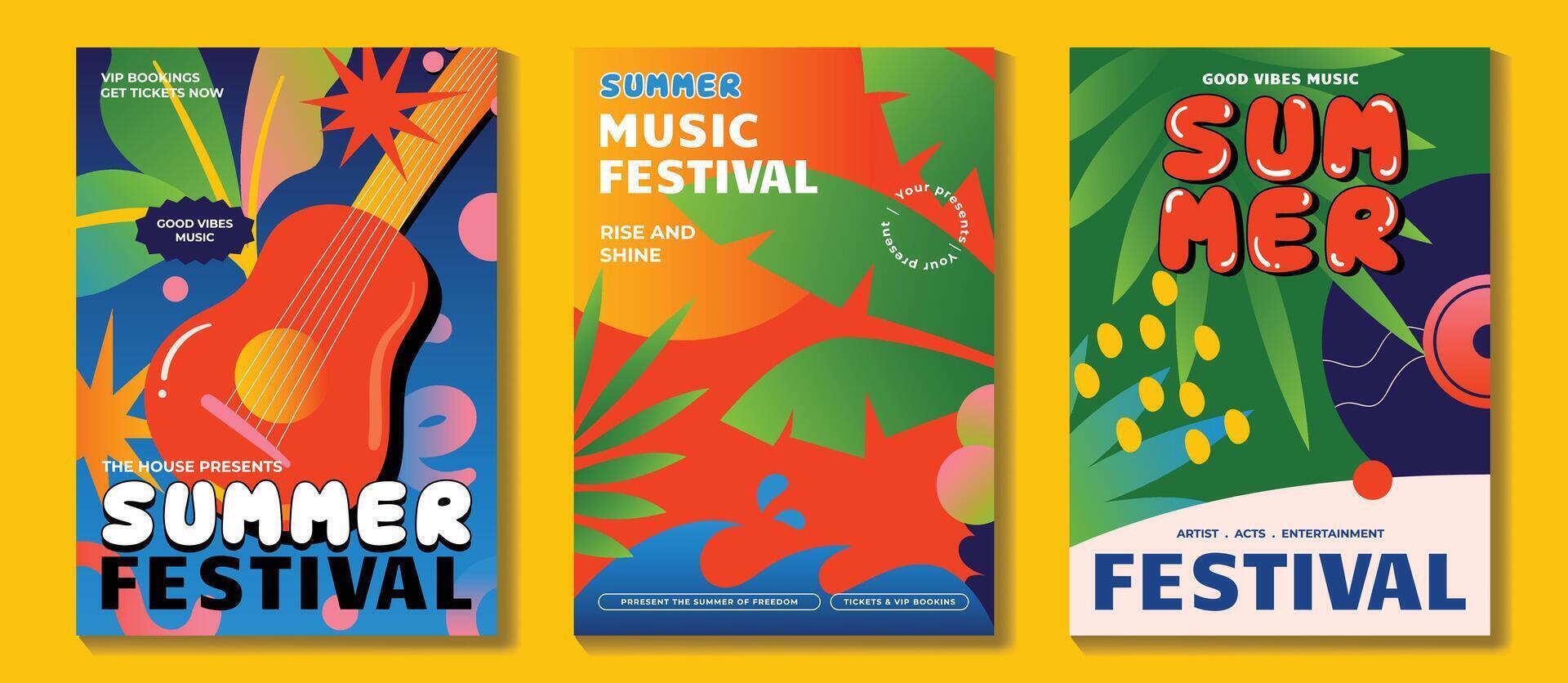Summer party music poster background set. Electro Sound Cover with vibrant organic shapes, colorful, sea wave, tropical leaf, guitar, music disk. Design for social media, party, music festival. vector