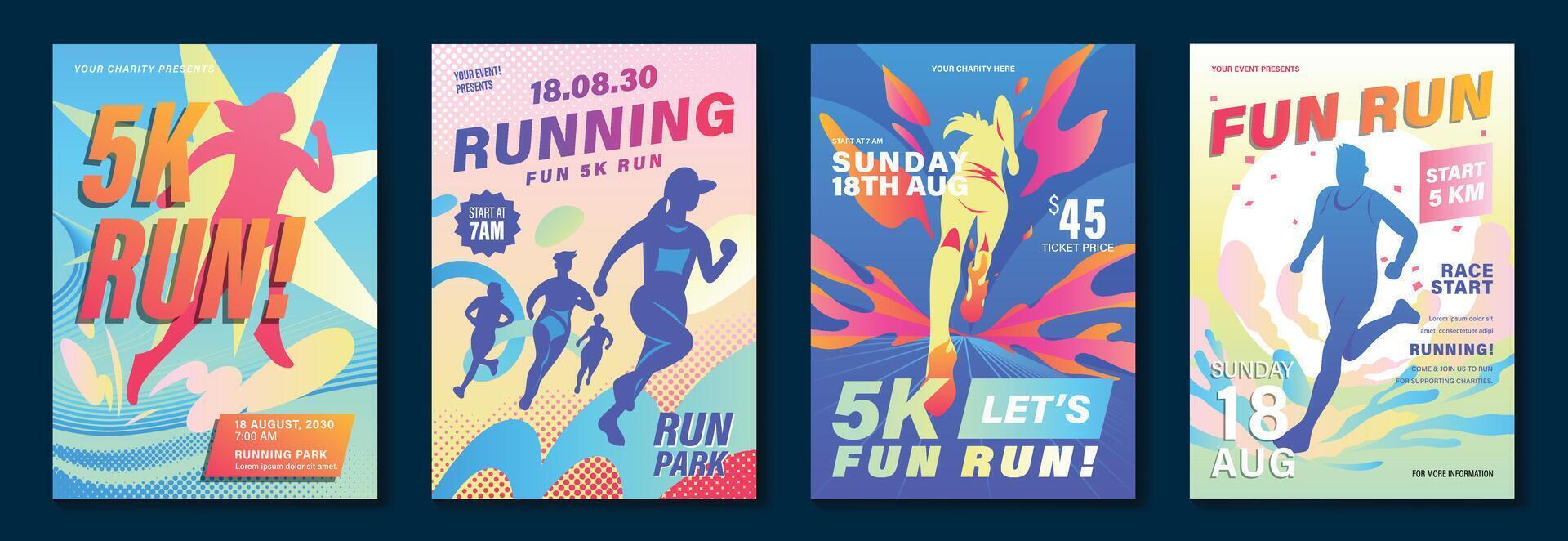 Running event poster design background set. Sport cover template with vibrant abstract gradient geometric shape and people running. Ideal design for social media, flyer, promotion, card. vector