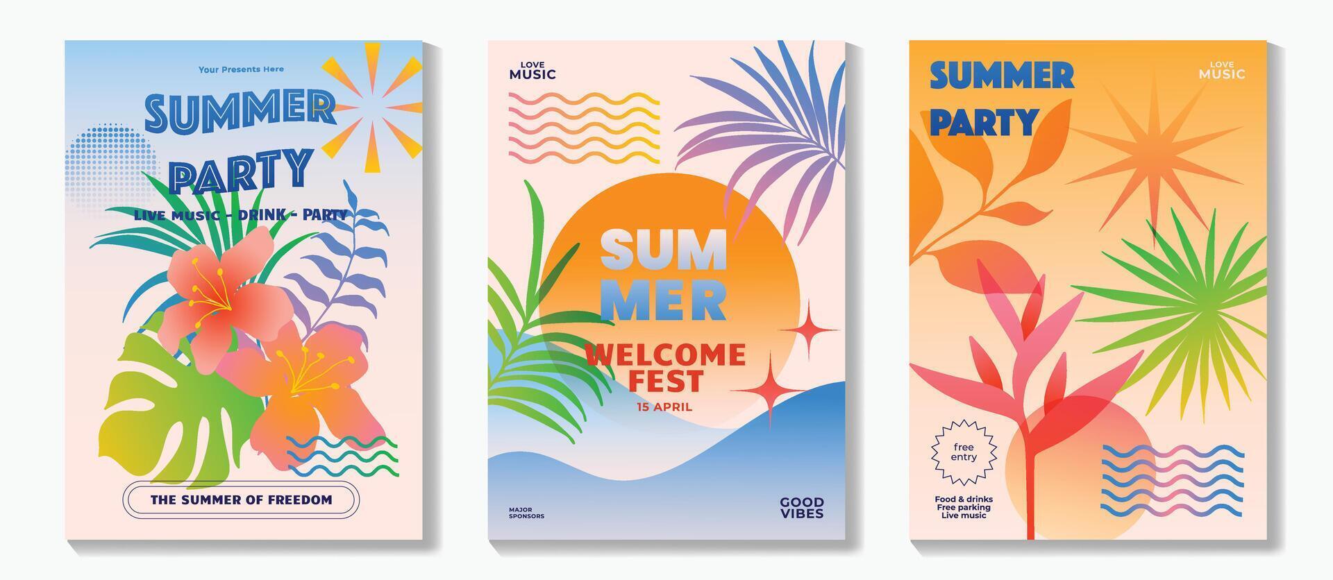 Summer party music poster background set. Electro Sound Cover with vibrant color, colorful, sea wave, tropical plant, sun, firework. Hot summer Design for social media, party, music festival. vector
