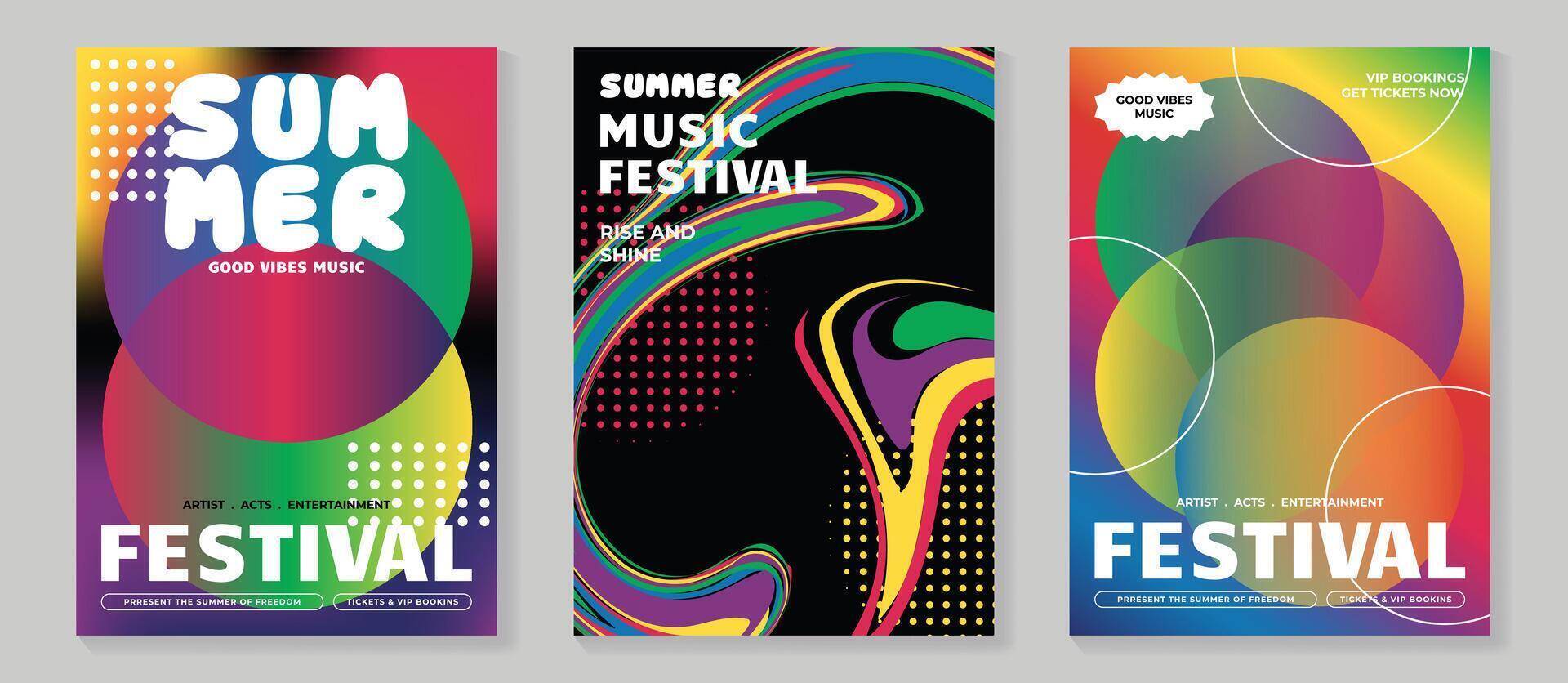 Summer party music poster background set. Electro Sound Cover template with vibrant circle shapes, spiral colorful, dot pattern. Hot summer design for social media, party, music festival. vector
