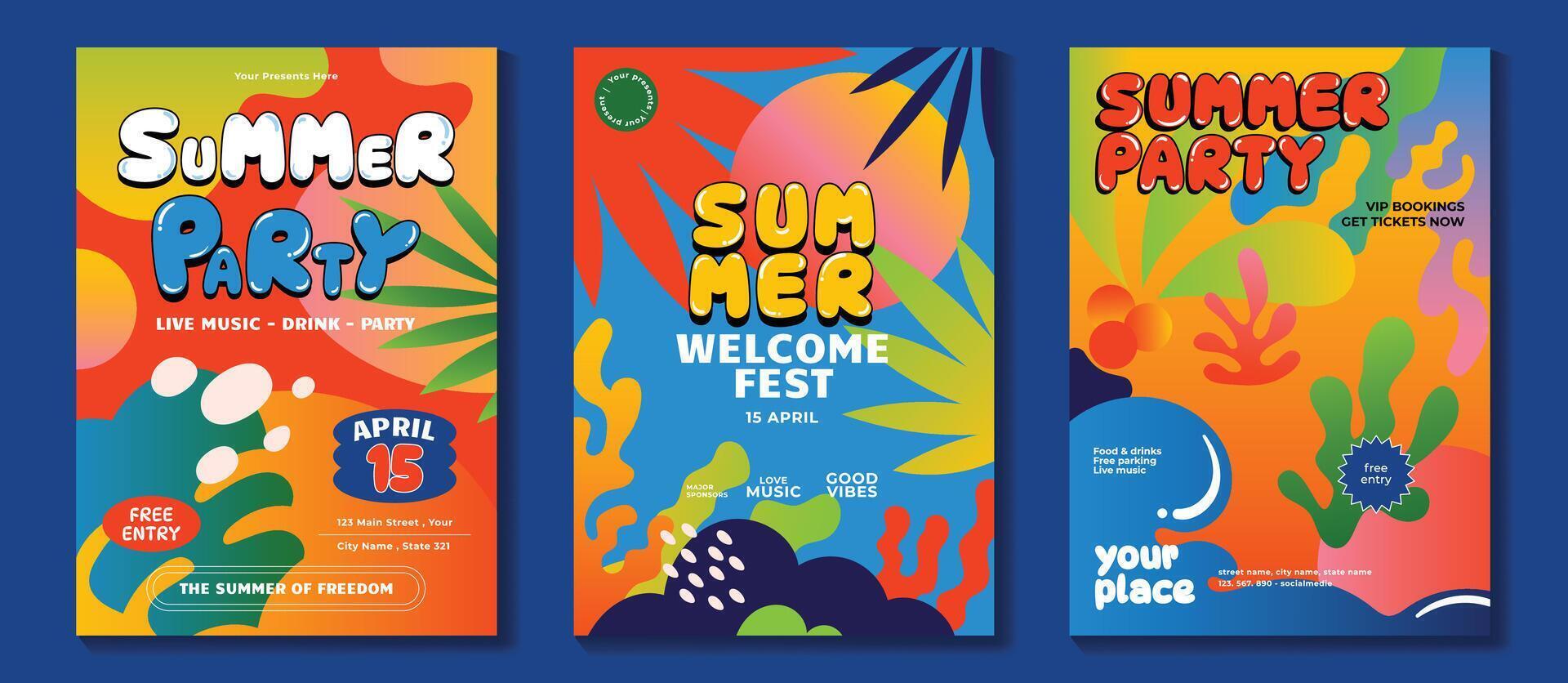 Summer party music poster background set. Electro Sound Cover template with vibrant organic shapes, colorful, sea wave, tropical leaf, coral. Design for social media, party, music festival. vector