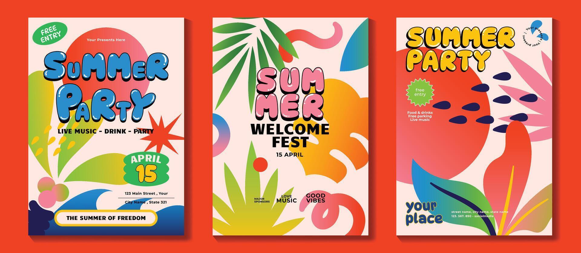 Summer party music poster background set. Electro Sound Cover template with vibrant organic shapes, colorful, sea wave, tropical leaf. Hot summer design for social media, party, music festival. vector