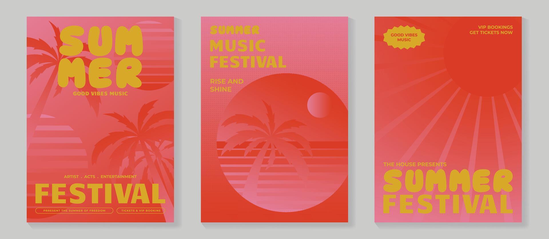 Summer party music poster background set. Electro Sound Cover template with coconut tree, red color, line wave, beach, sunset. Hot summer design for social media, party, music festival. vector
