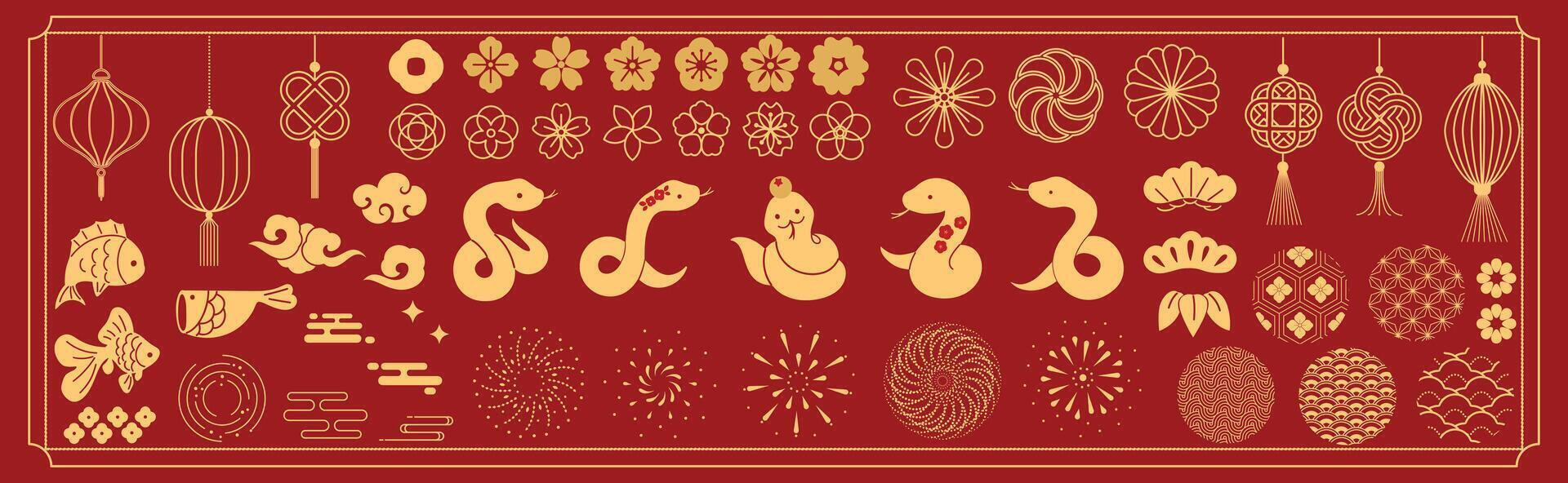 Happy Japanese new year with zodiac year of the snake, lantern, koi carp fish, flower, firework on red background. vector