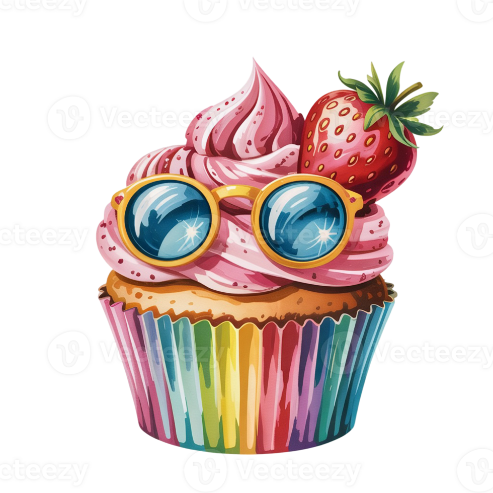 A colorful cupcake is topped with pink swirl frosting, wearing stylish sunglasses and adorned with a fresh strawberry cutouts' png