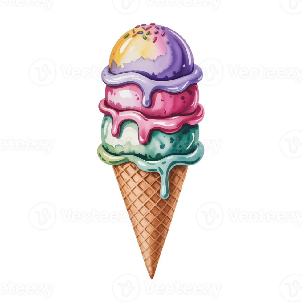 A colorful, triple-scoop ice cream cone features vibrant purple, pink, and green scoops dripping with sweetness cutouts png