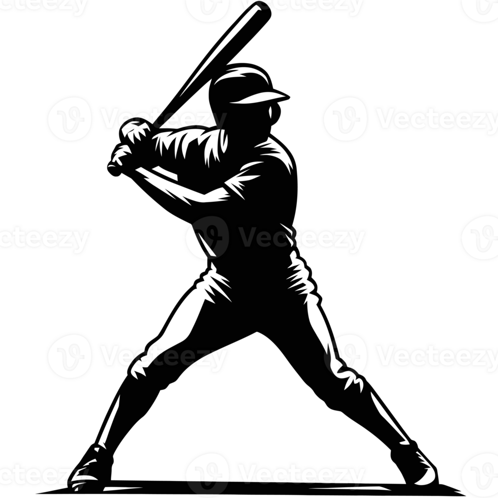 A silhouetted baseball player stands poised to bat, with a bat held firmly over the shoulder cutouts' png