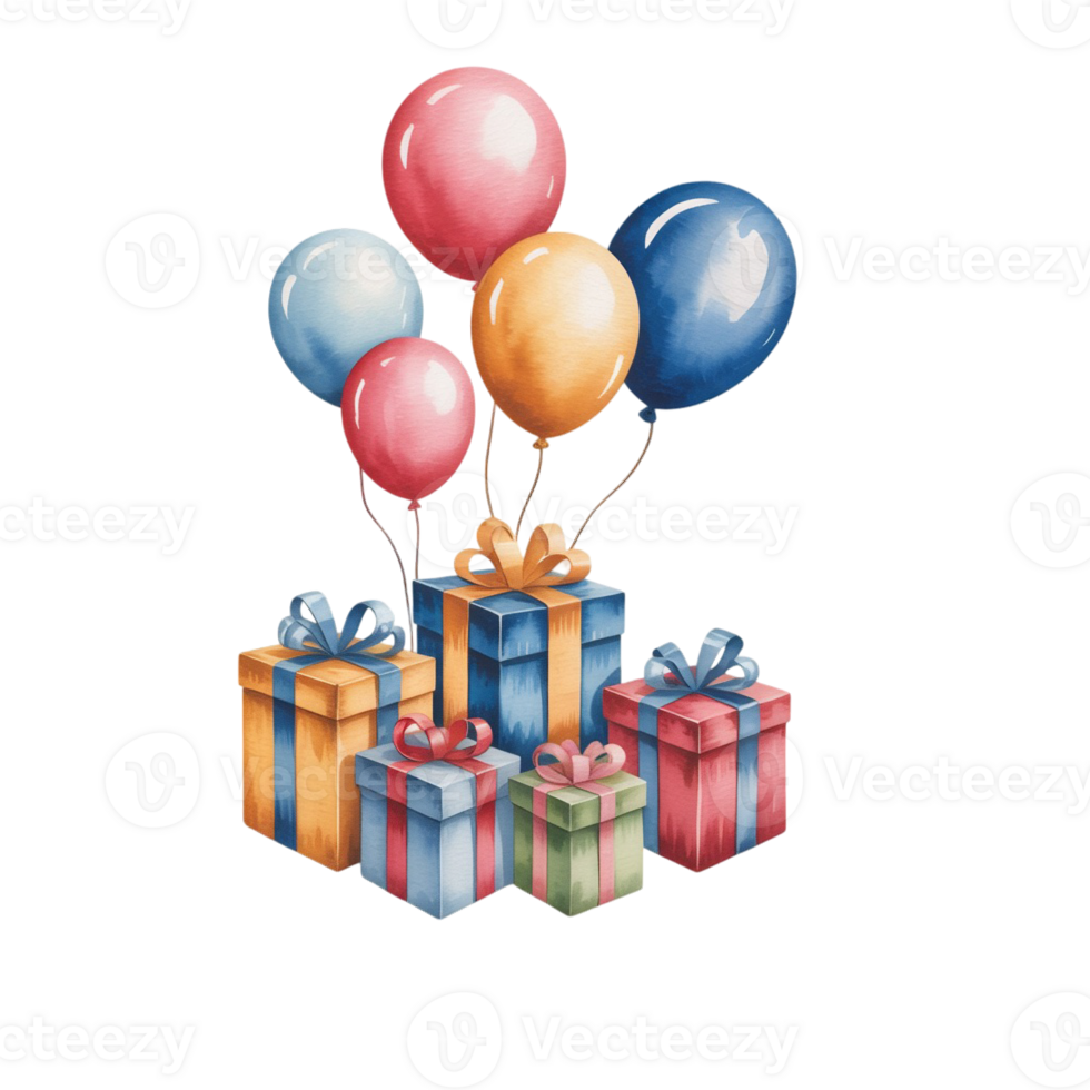 Brightly colored balloons float above a collection of neatly wrapped gift boxes, each adorned with decorative ribbons cutouts' png