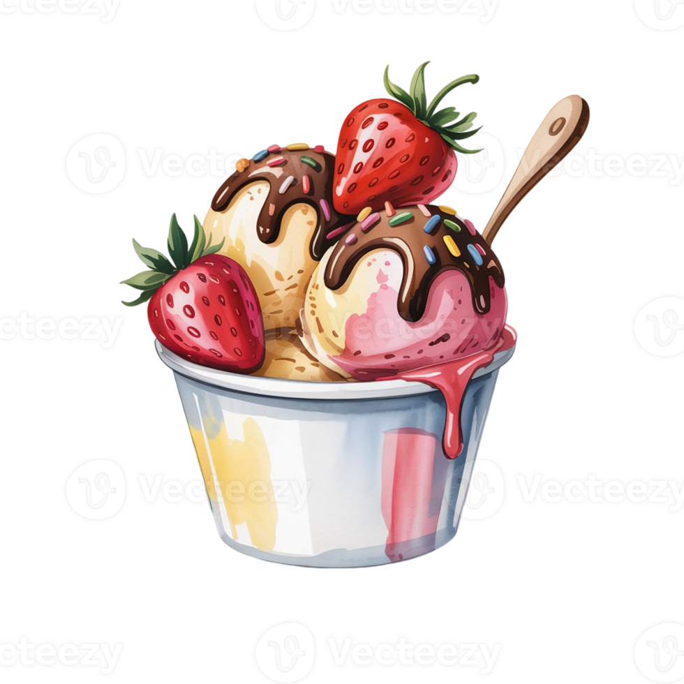 A delightful dessert dish features two scoops of ice cream drizzled with chocolate sauce and topped with colorful sprinkles. png