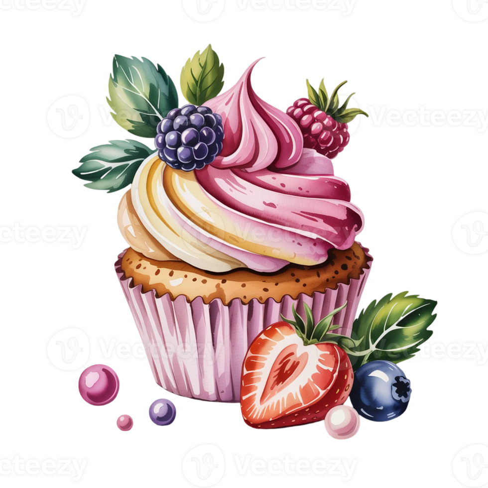 A beautifully decorated cupcake features swirled pink and yellow frosting topped with vibrant berries and leaves. cutouts' png
