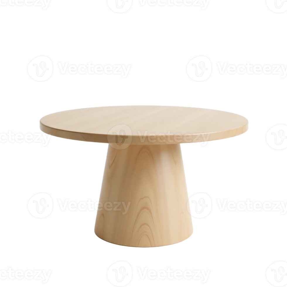 Modern round birch wood table with light creamy tones and smooth finish, , isolated on transparent background png