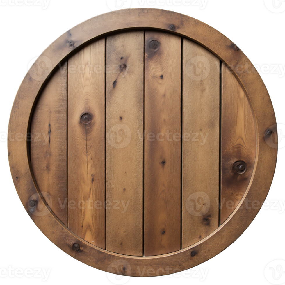 Rustic round reclaimed wood table with weathered texture, isolated on transparent background png
