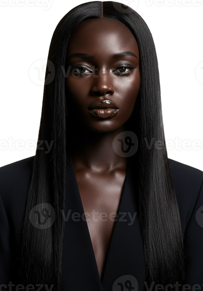A hyper realistic editorial portrait of a stunning dark skinned Black woman with ultra long hair parted cleanly down the middle. png