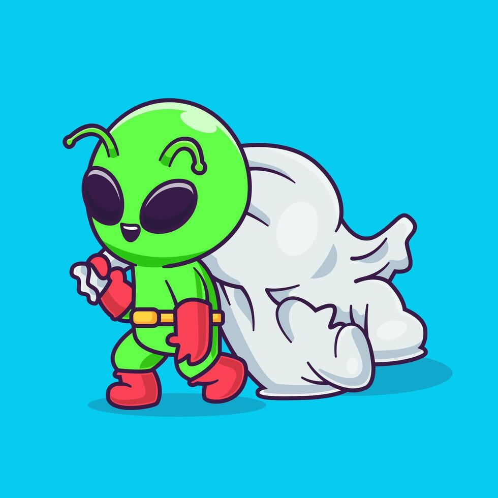 Cute Alien Catching Astronaut With Sack Cartoon vector