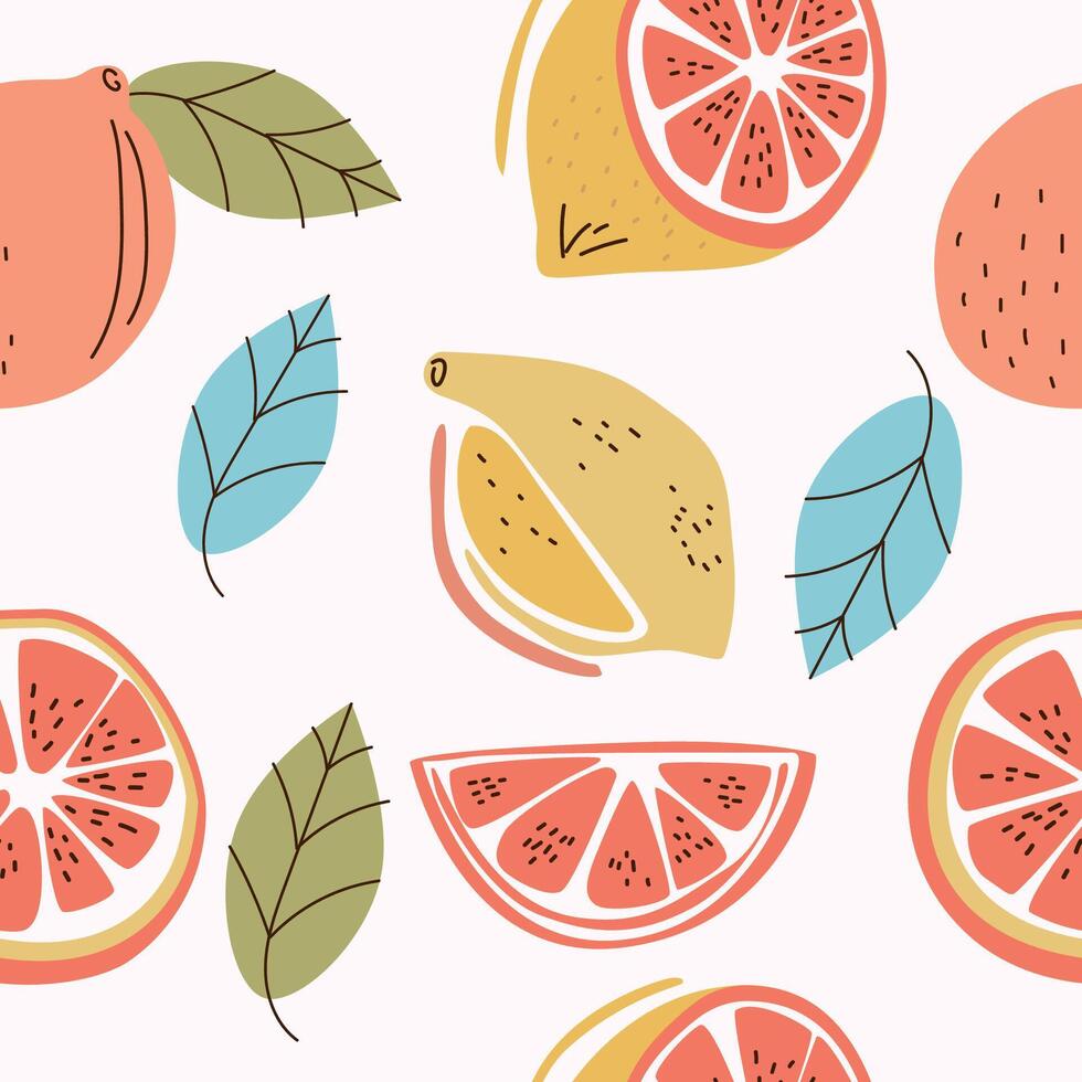 Colorful pattern of various citrus fruits including oranges, lemons, and grapefruits with green leaves vector