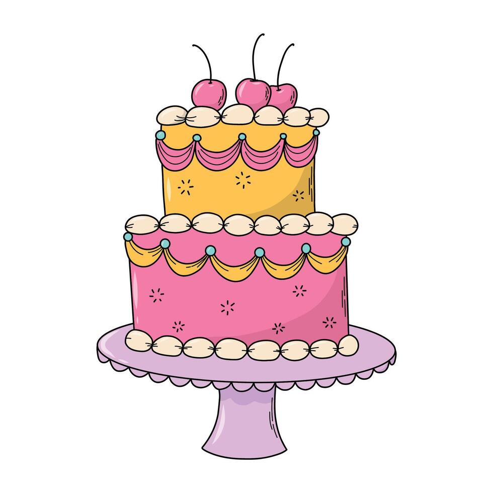 Birthday cake isolated cartoon element, doodle for stickers, cards, posters, signs, banners, invitations decor. EPS 10 vector